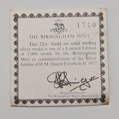1977년 영국 엘리자베스 2세 여왕 실버 주빌리 순은 & 금도금 메달 Birmingham Mint 케이스 포함