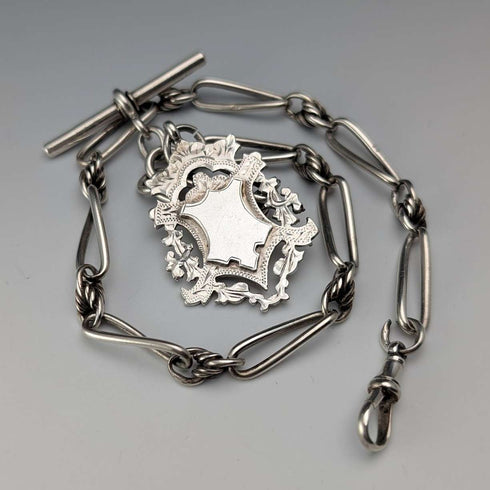 Cadena Albert de plata de ley, eslabones de fantasía, antigüedad británica de alrededor de 1894, 44 g, con medalla-fob de plata de ley