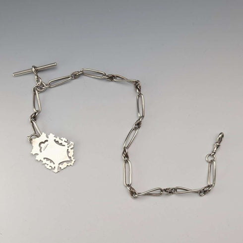 Cadena Albert de plata de ley, eslabones de fantasía, antigüedad británica de alrededor de 1894, 44 g, con medalla-fob de plata de ley