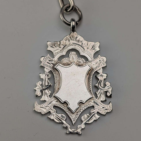 Cadena Albert de plata de ley, eslabones de fantasía, antigüedad británica de alrededor de 1894, 44 g, con medalla-fob de plata de ley