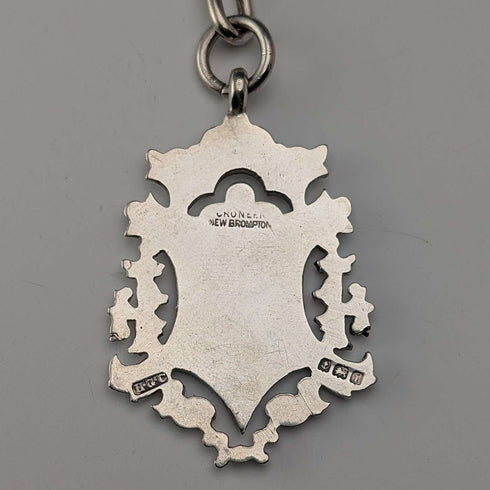 Cadena Albert de plata de ley, eslabones de fantasía, antigüedad británica de alrededor de 1894, 44 g, con medalla-fob de plata de ley