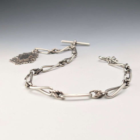 Cadena Albert de plata de ley, eslabones de fantasía, antigüedad británica de alrededor de 1894, 44 g, con medalla-fob de plata de ley