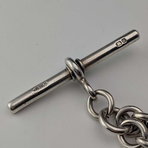 Cadena Albert de plata de ley, eslabones de fantasía, antigüedad británica de alrededor de 1894, 44 g, con medalla-fob de plata de ley