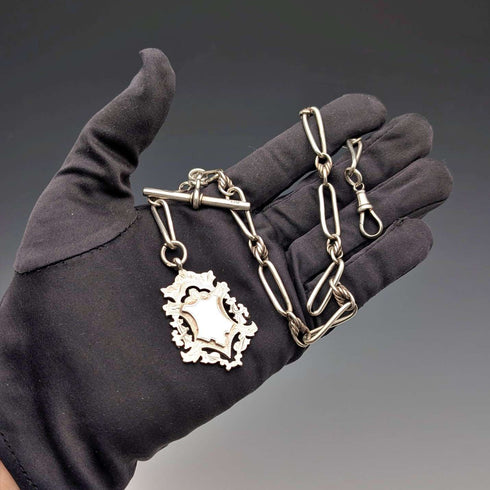 Cadena Albert de plata de ley, eslabones de fantasía, antigüedad británica de alrededor de 1894, 44 g, con medalla-fob de plata de ley