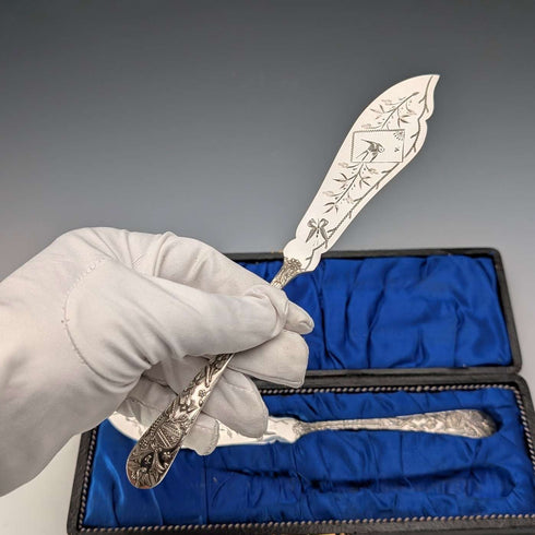 1870s British Antique Silver Plated Butter Knife Pair in Case