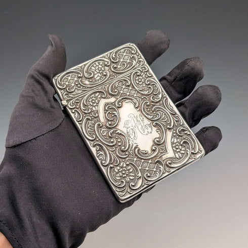 1898 British Antique Relief Sterling Silver Card Case, 69g, by Matthew John Jessop