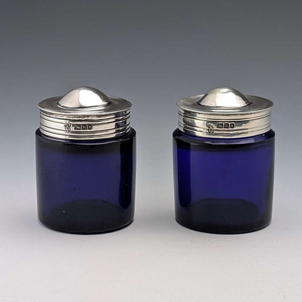 1905年 英国アンティーク 純銀蓋&コバルトガラス製 インク壺ペア C.S Harris&Sons Ltd