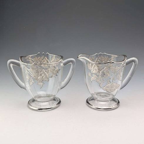 Azucarero y jarra para crema con baño de plata vintage de EE. UU., Silver City Glass Co.