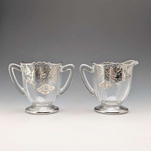 Azucarero y jarra para crema con baño de plata vintage de EE. UU., Silver City Glass Co.