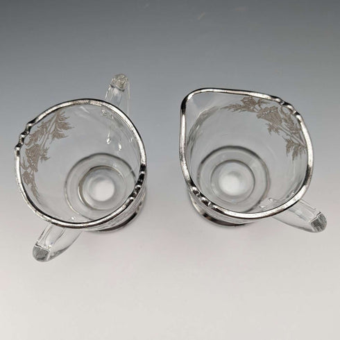 Azucarero y jarra para crema con baño de plata vintage de EE. UU., Silver City Glass Co.