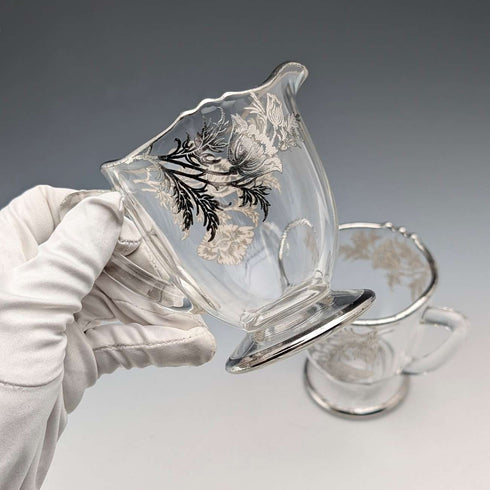 Azucarero y jarra para crema con baño de plata vintage de EE. UU., Silver City Glass Co.