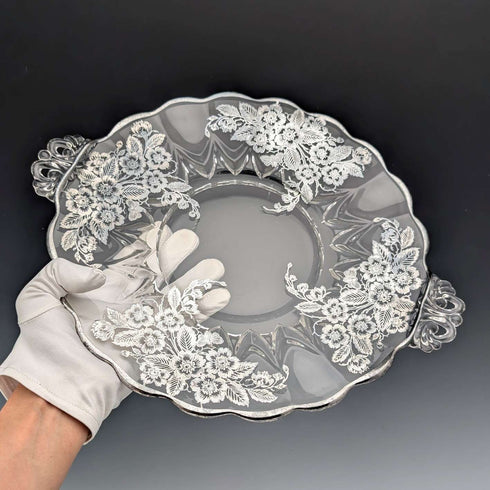 美国古董银饰覆层大号浅盘 直径28cm Silver City Glass Co