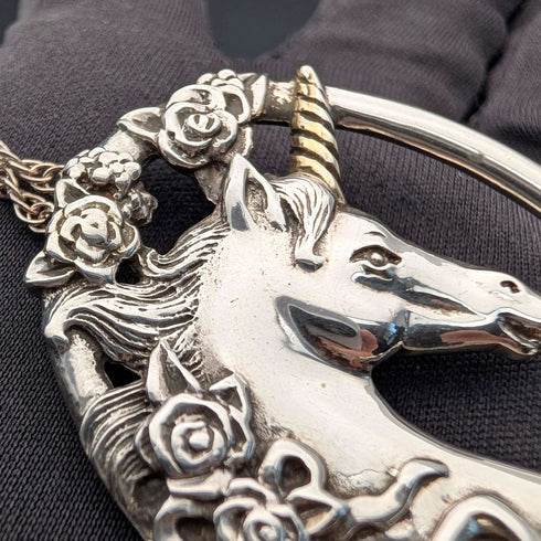 Colgante de unicornio de plata de ley vintage británica con collar de plata de ley, 16,7 g en total