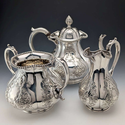 1863 British Antique Silver Plate Tea Set, 3-Piece Set, Thomas Bradbury