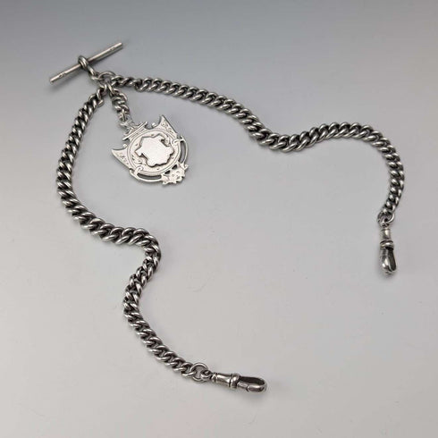 Cadena Albert doble de plata de ley antigua británica de 1919, 59 g, con medalla-fob de plata de ley