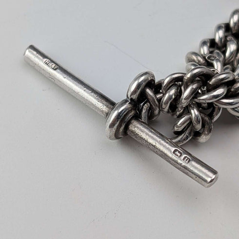 Cadena Albert doble de plata de ley antigua británica de 1919, 59 g, con medalla-fob de plata de ley
