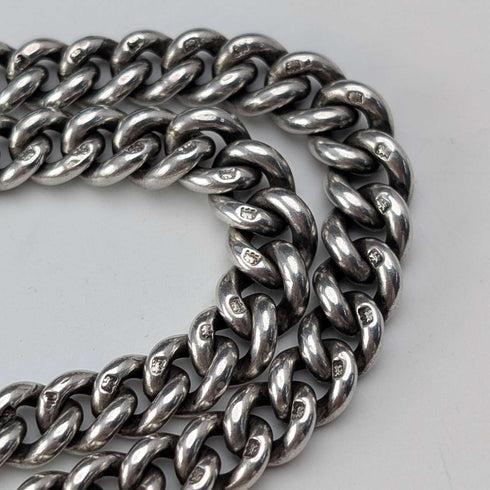 Cadena Albert doble de plata de ley antigua británica de 1919, 59 g, con medalla-fob de plata de ley