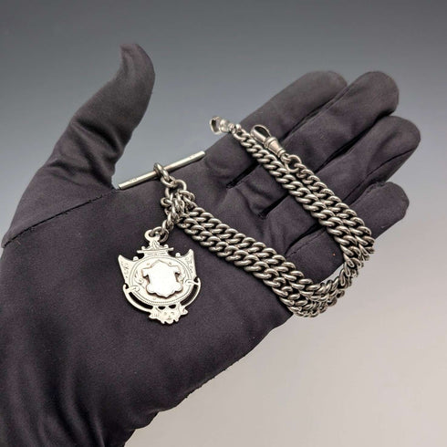 Cadena Albert doble de plata de ley antigua británica de 1919, 59 g, con medalla-fob de plata de ley