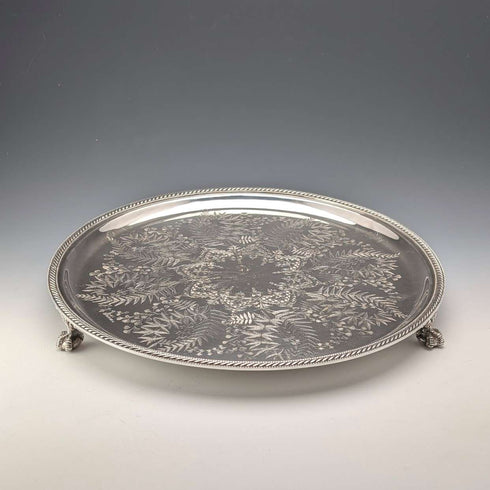 1879年 英国古董 镀银带足托盘 直径30cm Benjamin W Ramsden