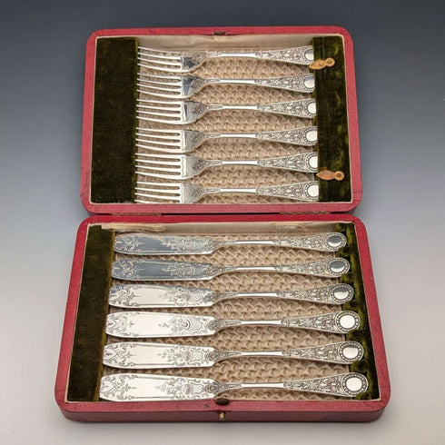 Antique English Silver Plate Fish Cutlery, 6 pairs, circa 1905, James Dixon & Sons, in a wooden box.