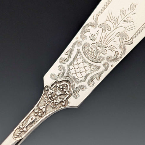 Antique English Silver Plate Fish Cutlery, 6 pairs, circa 1905, James Dixon & Sons, in a wooden box.