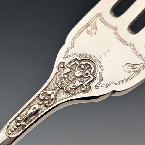 Antique English Silver Plate Fish Cutlery, 6 pairs, circa 1905, James Dixon & Sons, in a wooden box.