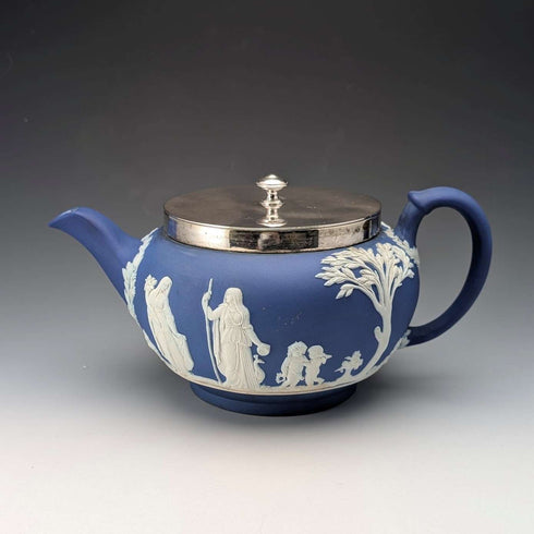 Antique British Wedgwood Teapot, Jasperware, Royal Blue, Metal Lid