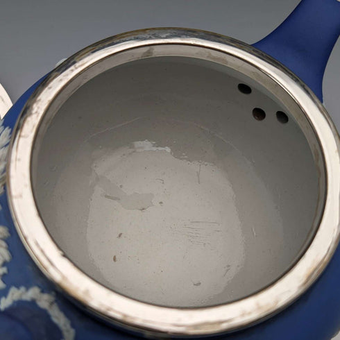 Antique British Wedgwood Teapot, Jasperware, Royal Blue, Metal Lid