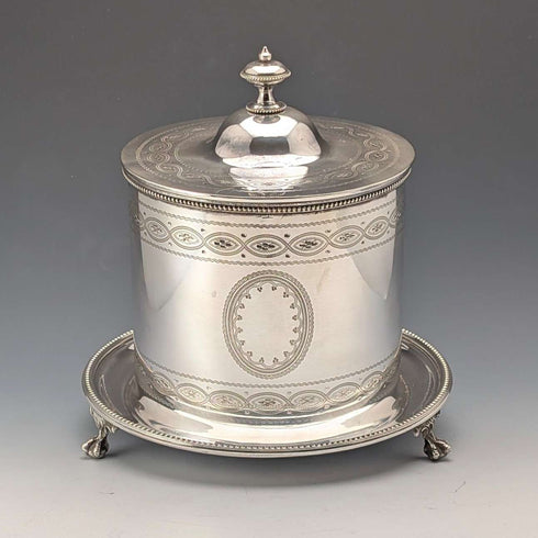 Hacia 1875, biscuit barrel de plata chapada, antigua, de fabricación británica, George Goodfellow & Sons