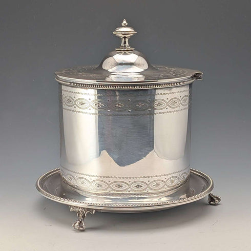 Hacia 1875, biscuit barrel de plata chapada, antigua, de fabricación británica, George Goodfellow & Sons
