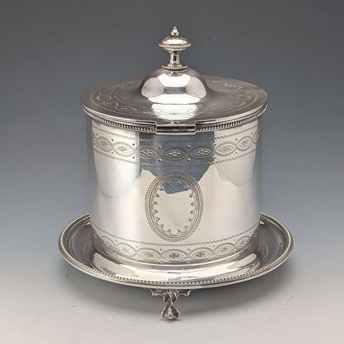 Hacia 1875, biscuit barrel de plata chapada, antigua, de fabricación británica, George Goodfellow & Sons