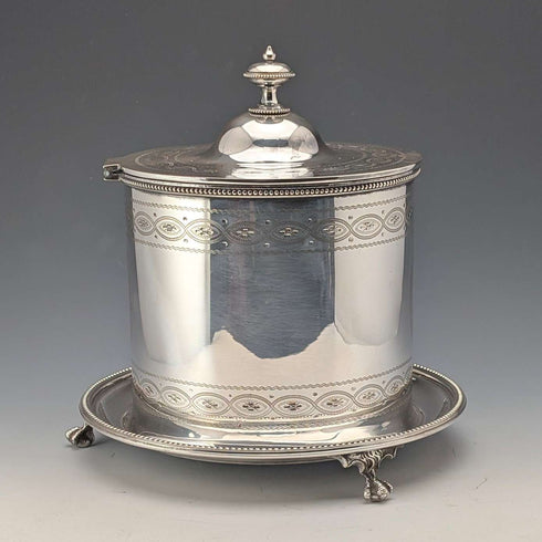 Hacia 1875, biscuit barrel de plata chapada, antigua, de fabricación británica, George Goodfellow & Sons