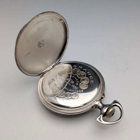 Reloj de bolsillo antiguo Lagrange, circa 1900, caja de plata 800, esfera abierta, en buen estado de funcionamiento.