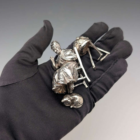 British Vintage Sterling Silver Miniature Figurines: Old Woman Knitting Lace and Cat, Total 132g, RKH