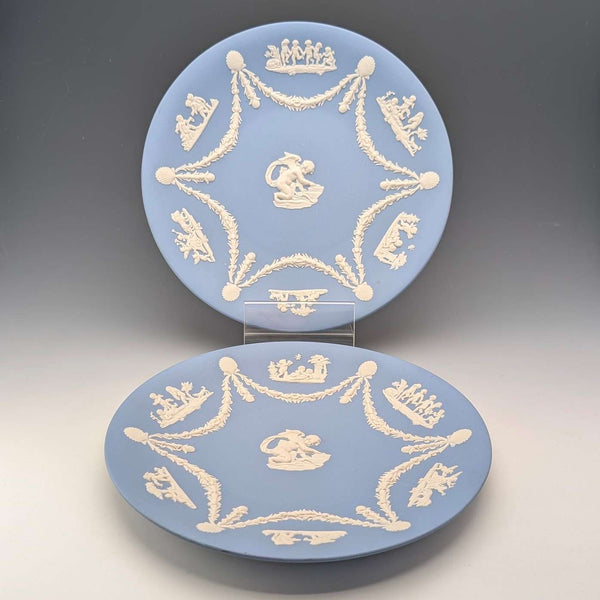 Pair of vintage Wedgwood Jasperware plates with cherub design, 22cm diameter, pale blue ①