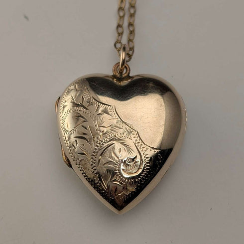 Colgante relicario vintage de oro de 9 quilates en forma de corazón con cadena RG británica