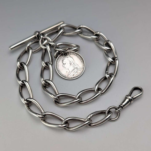 Cadena Albert vintage británica de plata de ley de 1929, 42 g, con moneda británica de 6 peniques de plata como colgante