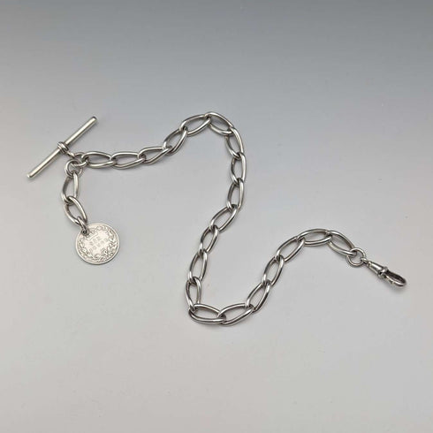 Cadena Albert vintage británica de plata de ley de 1929, 42 g, con moneda británica de 6 peniques de plata como colgante