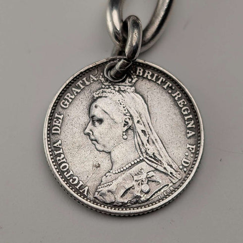 Cadena Albert vintage británica de plata de ley de 1929, 42 g, con moneda británica de 6 peniques de plata como colgante