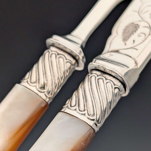 Cubertería de té antigua inglesa con mangos de nácar, 4 pares, John Harrison