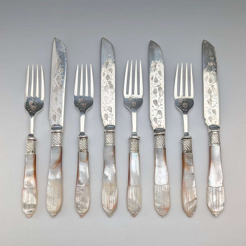 Cubertería de té antigua inglesa con mangos de nácar, 4 pares, John Harrison