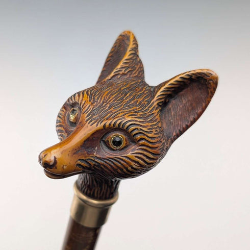 Vintage brown shaft resin fox head handle walking stick, 90cm