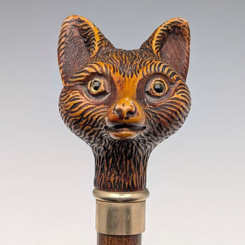 Vintage brown shaft resin fox head handle walking stick, 90cm