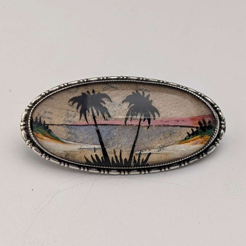 Broche de plata de ley con paisaje tropical de alas de mariposa, antigüedad británica, T.L.M.