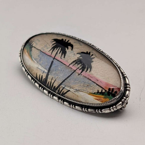 Broche de plata de ley con paisaje tropical de alas de mariposa, antigüedad británica, T.L.M.