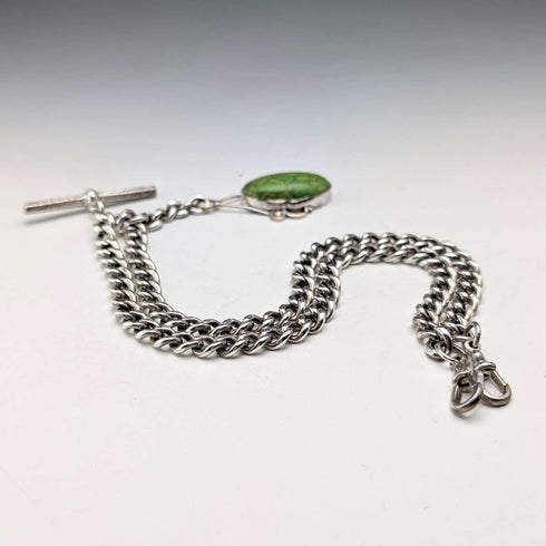 Antique British Sterling Silver Double Albert Chain, 67g, Green Turquoise Fob