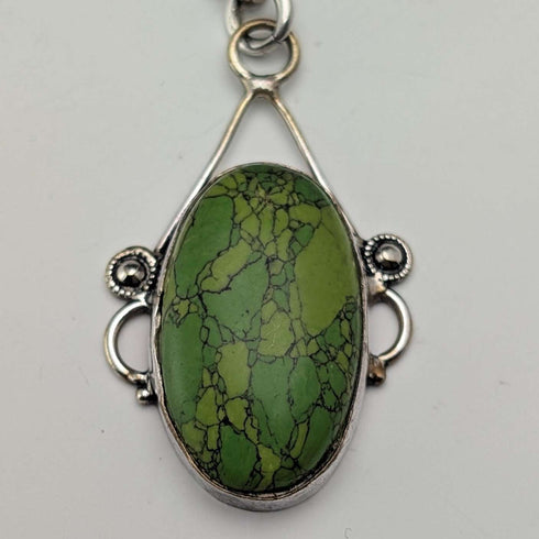 Antique British Sterling Silver Double Albert Chain, 67g, Green Turquoise Fob
