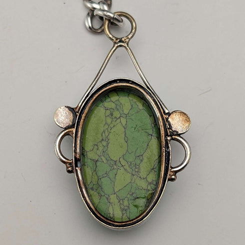 Antique British Sterling Silver Double Albert Chain, 67g, Green Turquoise Fob