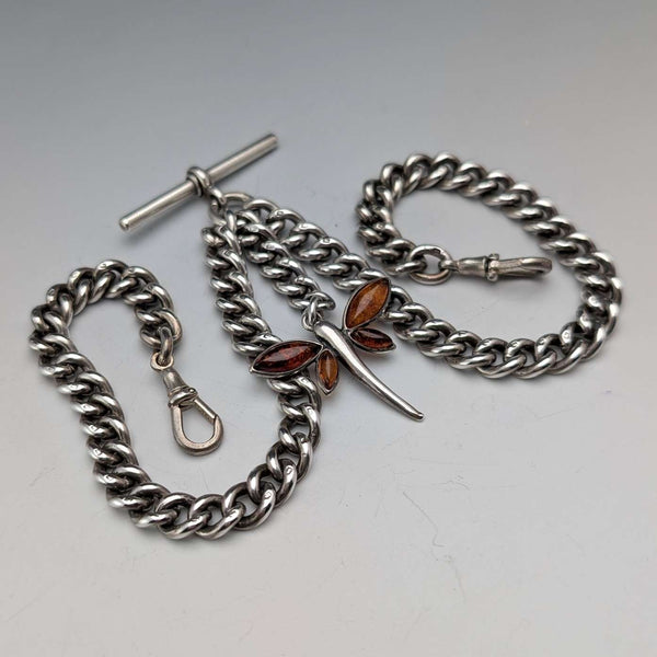 Antique British Sterling Silver Double Albert Chain, 59g, Sterling Silver & Amber Dragonfly Fob