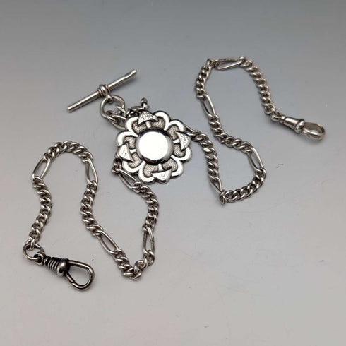 Cadena Albert doble de eslabones fantasía en plata de ley vintage británica, 35g, con medalla-fob de plata de ley
